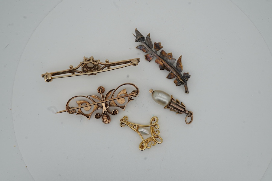 Two early 20th century bar brooches, including diamond and seed pearl and seed pearl drop, together with a later 9ct god and cultured pearl cluster set bar brooch and two cultured pearl and diamond set pendants including